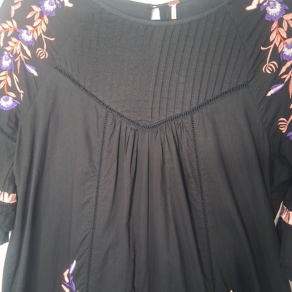 Free People Black Pavlo Floral Embroidered Ruffle Sleeve Dress Lined Bohemian S - Picture 3 of 15